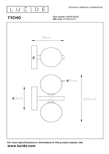 Lucide TYCHO - Wall light - 2xG9 - Matt Gold / Brass - technical